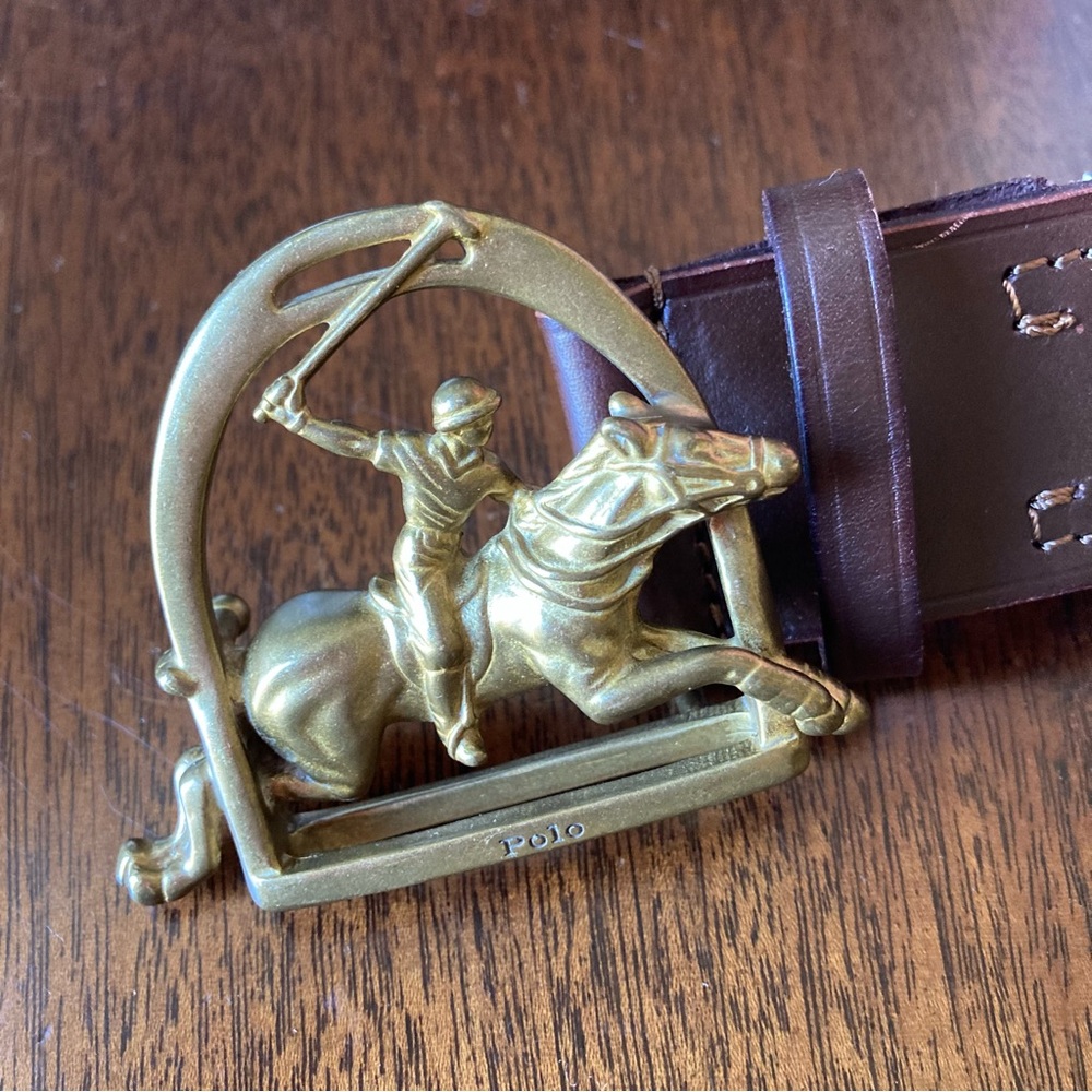 POLO RALPH LAUREN Equestrian Brown Leather Brass Buckle Belt - Picture 2 of 12
